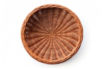 Top view of an isolated brown wicker fruit basket on a white background