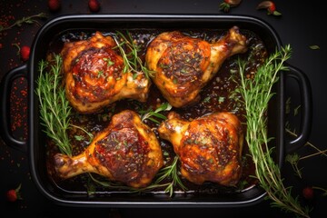 Top view of baked chicken legs with seasonings and fresh herbs