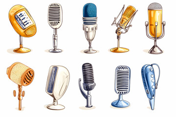 Various retro microphone designs for broadcast or podcasting studio illustration