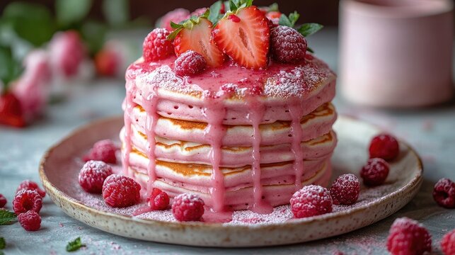 Delicious stack of pink raspberry pancakes topped with fresh strawberries and mint