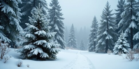 Fototapeta premium Snow-covered evergreen tree in a serene forest environment, scenery, trees, white