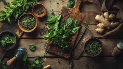 Fresh mint leaves and ginger on rustic wooden table with kitchen tools
