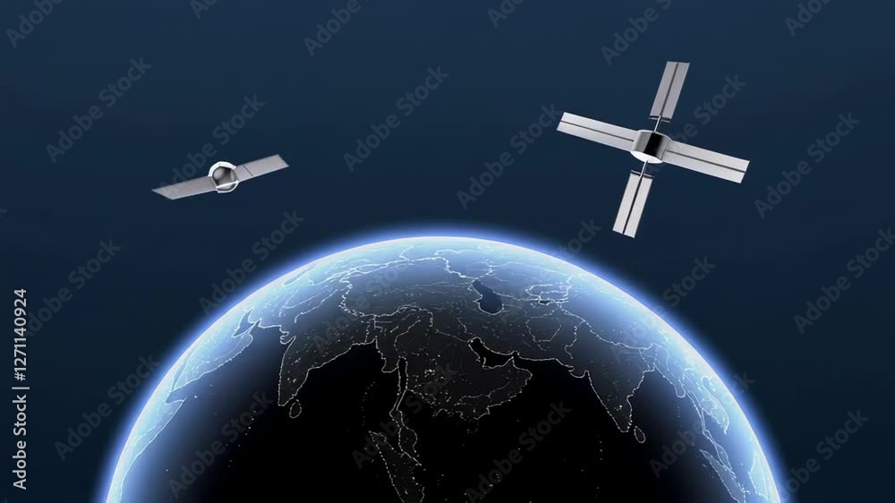 Poster rotating globe with orbiting satellites showcasing global communication network against dark blue co