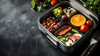 School lunch box with full meal top view with copy space 