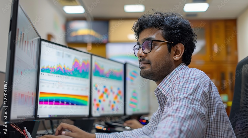 Poster Focused young man is engaged in data analysis, utilizing multiple screens displaying colorful graphs and charts in a contemporary office environment during daytime hours.