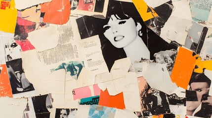 Collaged artwork featuring black and white portrait among colorful torn paper from magazines and newspapers