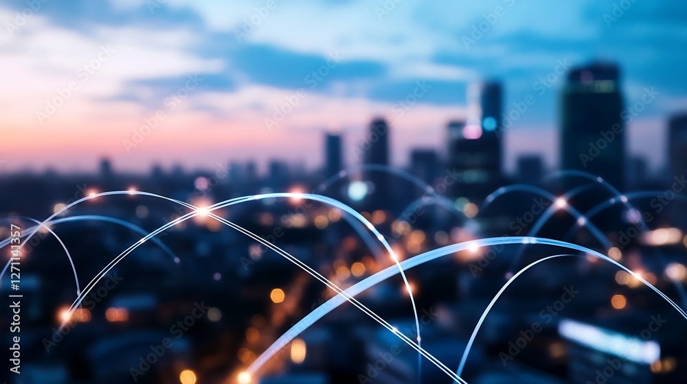 Poster Illuminated City Skyline with Network Connections Representing Digital Infrastructure at Dusk : Generative AI