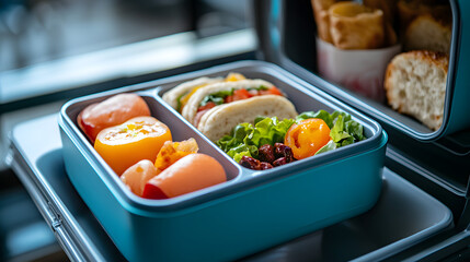 School lunch box with full meal top view with copy space 