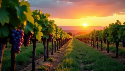 Fototapeta premium Serene vineyard scene at sunset with grapes and wine, vineyards, grapes, landscape