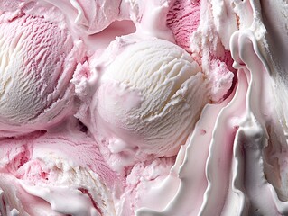 Obraz premium Creamy Swirls of Vanilla and Strawberry Ice Cream Delightfully Scooped