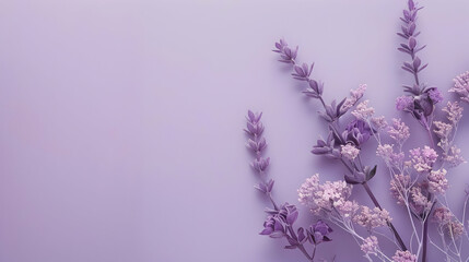 Obraz premium Delicate lavender flowers arranged artistically on a soft purple background, evoking tranquility