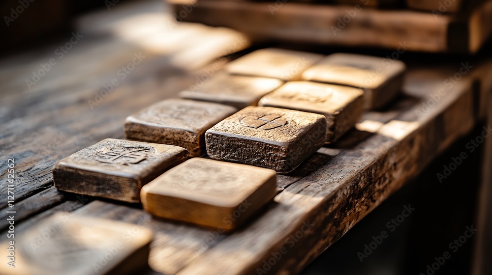 Poster Artisan wood blocks with intricate patterns lined up on a rustic table showcasing craftsmanship and design principles : Generative AI