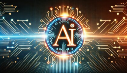 Futuristic AI symbol with glowing lines and circuits representing advanced technology and machine learning.