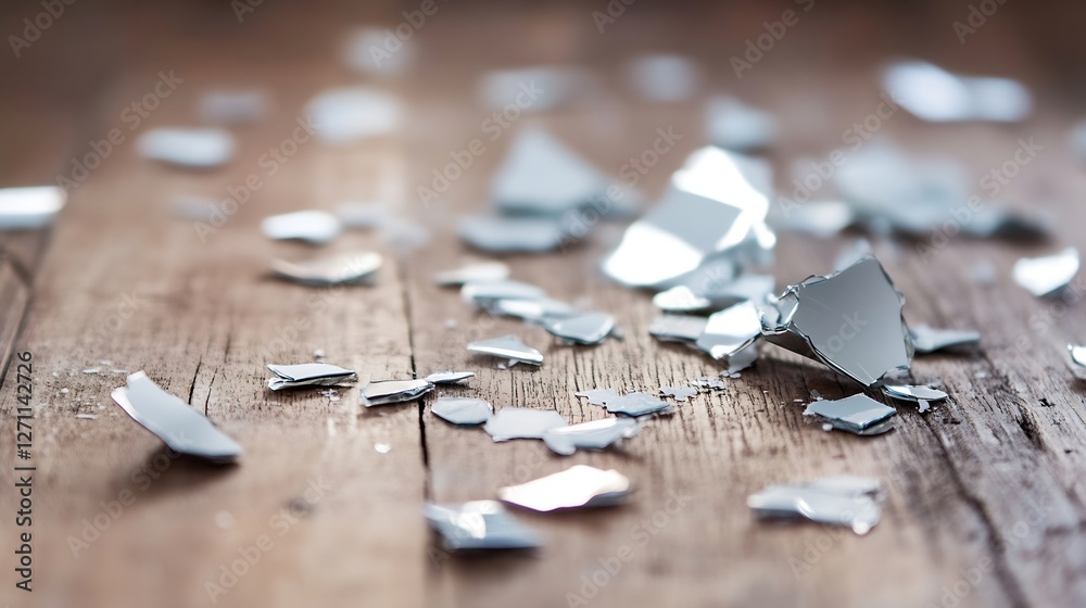 Poster scattered broken glass pieces on a wooden floor showing the sharp edges and glimmers of light on the