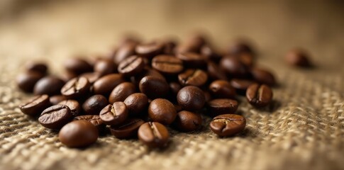 Fototapeta premium Scattered coffee beans on a natural fiber cloth, earthy tones
