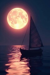 Quietly drifting lunar sailboat in soft moonlight, romantic, serene, lunar landscape