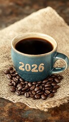 Fototapeta premium Blue Coffee Cup With 2026 And Coffee Beans On Burlap, New Year Concept With Rustic Background
