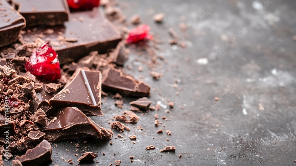 Poster Dark chocolate pieces scattered with red berries on a textured surface creating a moody atmosphere : Generative AI