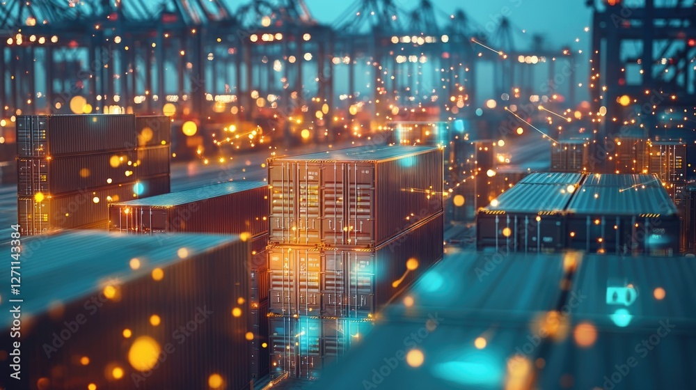 Poster Image shows a large number of shipping containers stored in a busy port