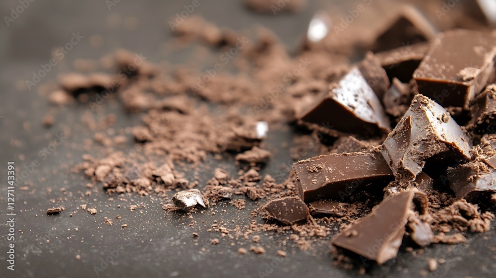 Poster crumbled pieces of rich dark chocolate on a dark surface showcasing the depth of flavors and texture