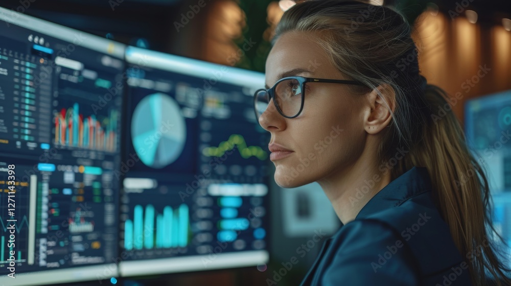 Poster A dedicated data analyst reviews intricate graphs and statistics on multiple screens in a well lit office. The atmosphere reflects a high tech, analytical setting with a focus on detail.