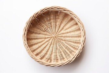 Fototapeta premium Top view of empty wicker and bamboo baskets on white background