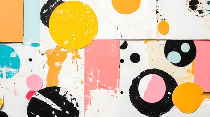 Bright circles and shapes create a vibrant collage of colors on a textured surface in an artistic display