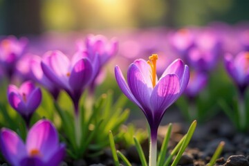 Fototapeta premium Purple crocus flowers blooming in a field with saffron threads, purple crocus, crops, harvest
