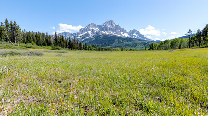 Fototapeta premium Lush green meadow stretches towards the snow-capped Grand Teton mountain range under a clear blue sky.