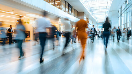 Dynamic crowd rush at modern airport terminal busy atmosphere action shot in bright environment