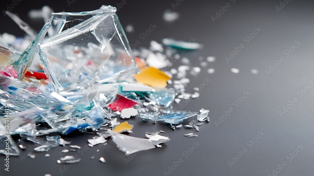 Poster close up view of shattered glass pieces scattered on a dark surface reflecting vibrant colors : gene