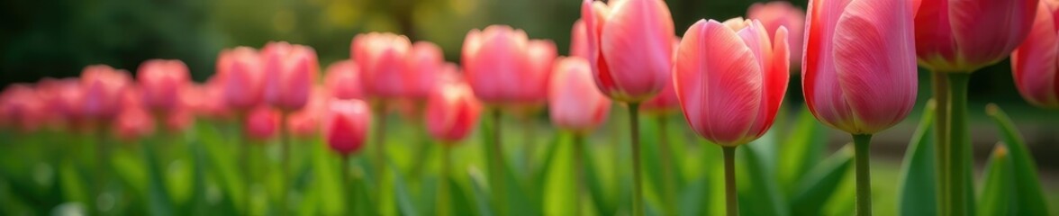 Naklejka premium Pink tulip blooms in a garden with lush green leaves, flower, garden, plant