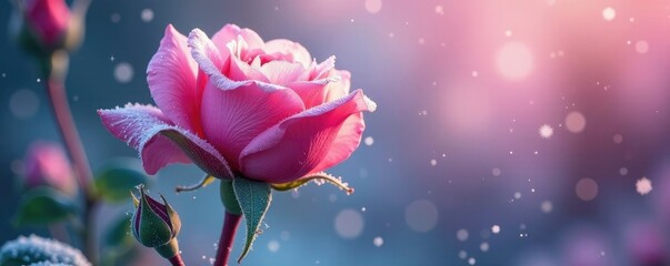 Obraz premium Pink rose bud with frosty effect on the background, effect, snowflakes, icy