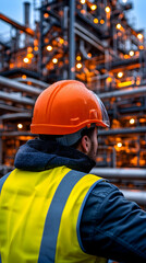 Worker inspecting industrial plant with complex pipelines at dusk for stock image