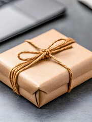 Wrapped gift on a desk with a laptop. Useful for e-commerce or promotions