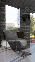 This image shows a cozy outdoor seating area with a round woven chair, gray throw, and cushion, surrounded by stone walls and greenery, with natural light filtering through the windows