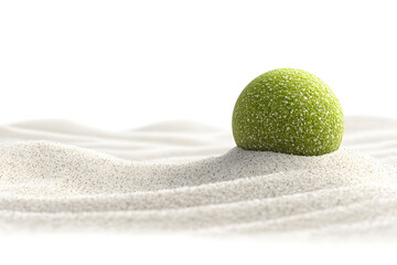 A textured green sphere sits atop soft, white sand, with gentle wave-like patterns in the background, creating a serene atmosphere., Zen image