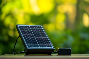 A solar panel connected to a small battery pack, set against a blurred green background, emphasizing sustainability and Green Energy