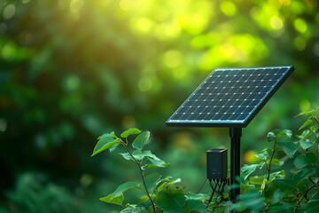 A solar panel stands amidst lush greenery, with sunlight filtering through leaves, showcasing sustainable energy in nature.
