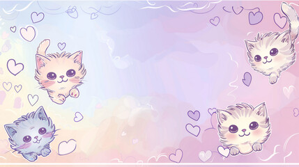 Adorable Cartoon Kittens with Floating Hearts in a Dreamy Decorative Frame
