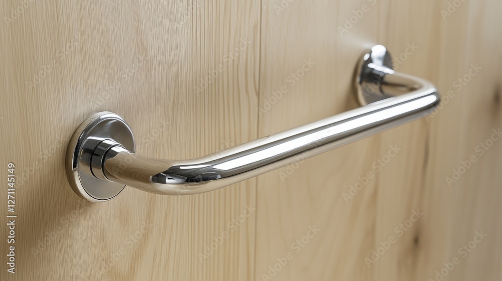Poster Close up of a wooden door handle, suitable for use in interior design or architecture images