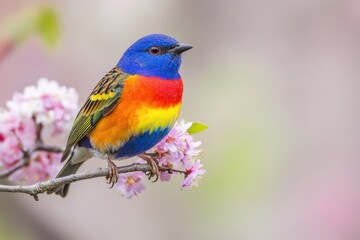 A colorful bird sitting on a branch of a tree, surrounded by greenery