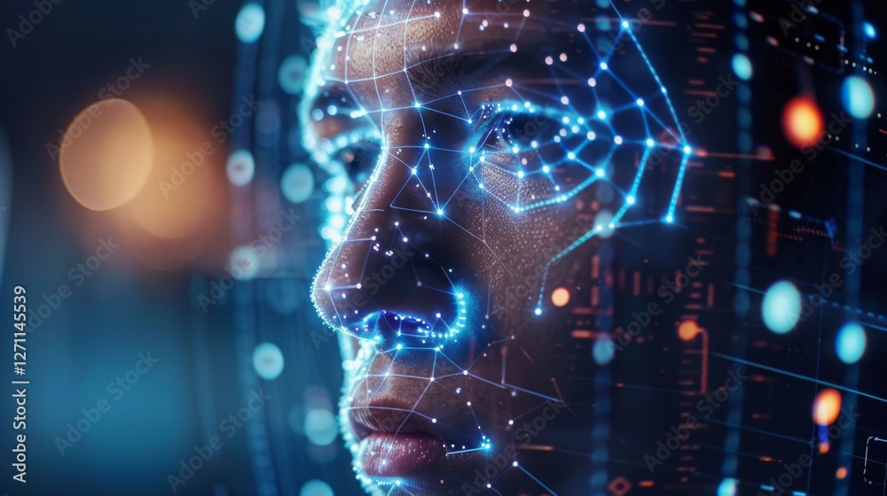 Poster A person focuses on advanced facial recognition technology with bright digital patterns illuminating their face, highlighting the fusion of human and machine in an urban environment.