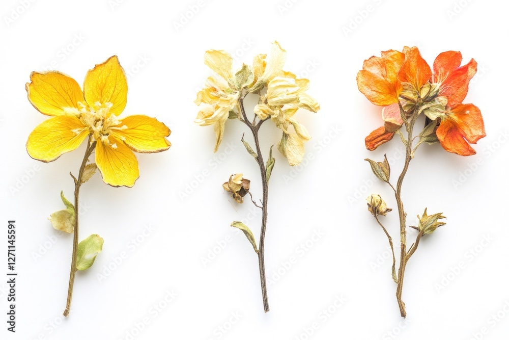 Poster three different types of flowers on a white surface