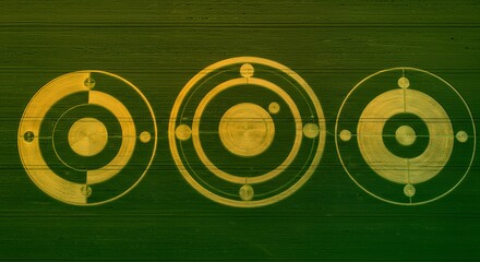 Three Yellow Geometric Crop Circles in a Green Field From Above
