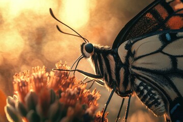 A close-up of a butterfly feeding on an orange flower at sunset, bathed in golden light.