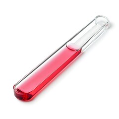 Fototapeta premium A clear glass test tube filled with a pink liquid on a white surface.
