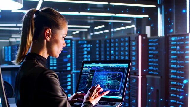 Caucasian woman working with laptop in database server center - Asian engineer, IT and technology concept - Model by AI generative