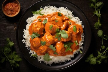 Top view of homemade Indian butter chicken with rice on a plate captured from above