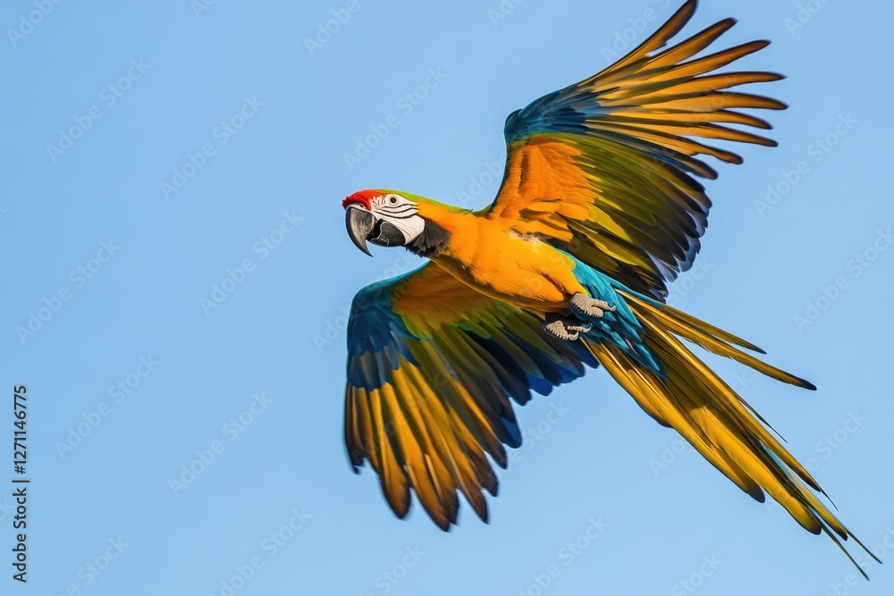 Poster a vibrant parrot soaring through the air with its vibrant feathers on display